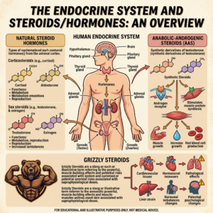 Diagram of the human endocrine system with natural and anabolic steroids and their functions